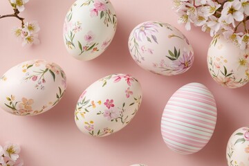 Fototapeta premium Pastel Easter eggs with floral designs and stripes on a soft pink background adorned with cherry blossoms