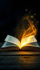 Fototapeta premium Open book with magic glowing on wooden table. Fairy tale isolated with white highlights, png