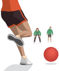 Fototapeta premium kickball, back view of female player ready to kick the ball towards opponents isolated on a white background