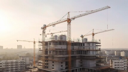 Modern Construction Site with Cranes at Sunset