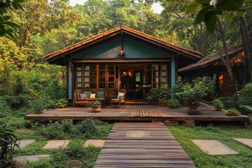 Fototapeta premium cozy nature retreat, charming bungalow in lush setting, with wooden deck and cozy vibe, ideal for a peaceful getaway