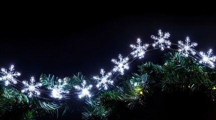 Bright LED lights in a wave pattern, isolated on dark background, with small silver snowflakes and holiday greenery