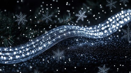 Bright LED lights in a wave pattern, isolated on dark background, with small silver snowflakes and holiday greenery