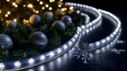 Bright LED lights in a wave pattern, isolated on dark background, with small silver snowflakes and holiday greenery