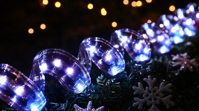 Bright LED lights in a wave pattern, isolated on dark background, with small silver snowflakes and holiday greenery