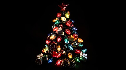 Classic multicolored lights forming a Christmas tree shape, surrounded by mini gifts and pinecones...