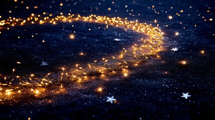 Golden Christmas lights forming a gentle wave, isolated on dark background, with silver ornaments and tiny white stars scattered around