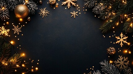 Golden lights shaped into a circle, with small snowflakes and tiny wreath decorations scattered around on a black background
