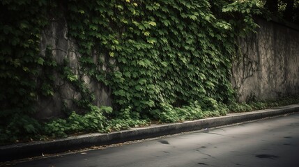 Obraz premium Green Ivy Covered Wall with Paved Road