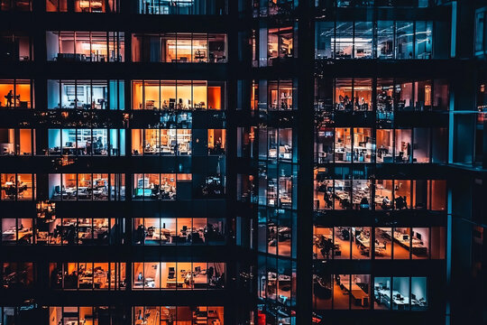A high-rise office building features multiple floors with warm and cool lighting seen through large glass windows creating a vibrant city scene
