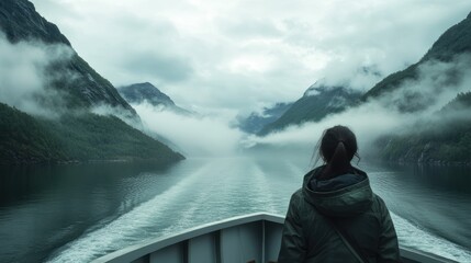 Fototapeta premium A person gazes at a misty fjord landscape from a boat, surrounded by mountains and clouds.
