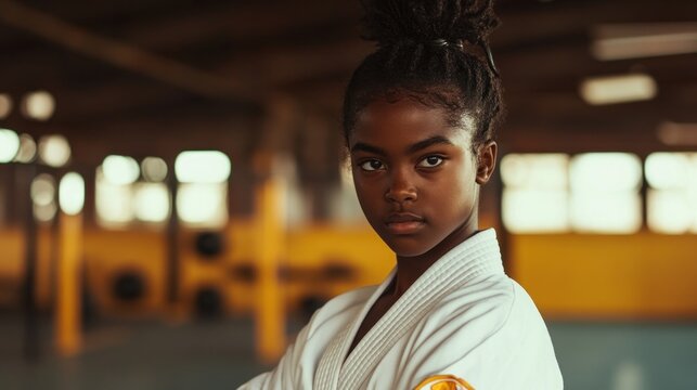 young female martial artist training at dojo. african american girl practicing karate in traditional uniform. exercising, active and healthy lifestyle, self-defense