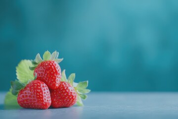 Fresh ripe red strawberries with green leaves on a teal background
