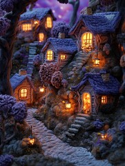 Fototapeta premium A small village scene with quaint cottages, each with warm light glowing from the windows, woolen style, wool yarn art