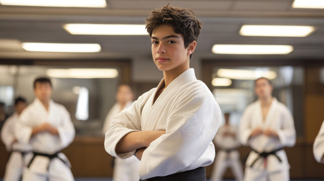 young caucasian teenager training in martial art group class. confidence, strength and discipline. exercising, active and healthy lifestyle, self-defense