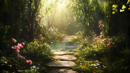 Obraz premium A magical, overgrown garden with a stone pathway, a pool of water. Dreamscape. Illustration