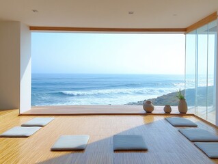 Fototapeta premium A beach view with a wooden floor and a large window. There are several white cushions on the floor
