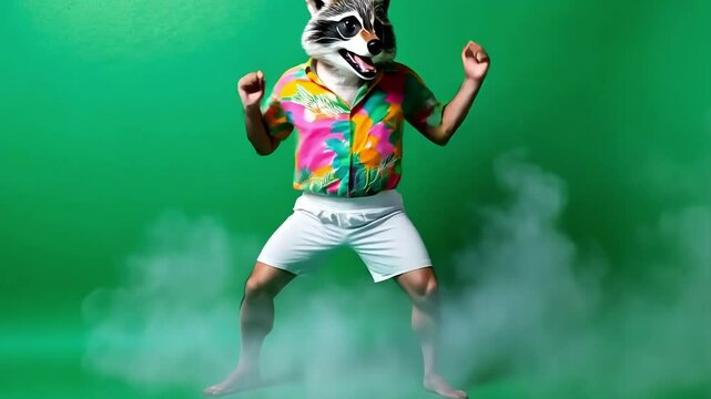 A man in a wolf mask and tropical shirt is dancing against a green screen.
