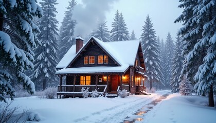 Snowy cabin background with a warm and inviting mood, cozy cabin with smoke rising from the chimney in a snow-covered forest