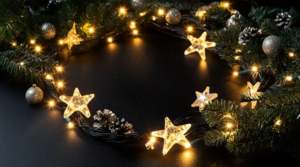 White LED lights in a looped pattern, isolated on black, with small gold and silver stars and pine sprigs around