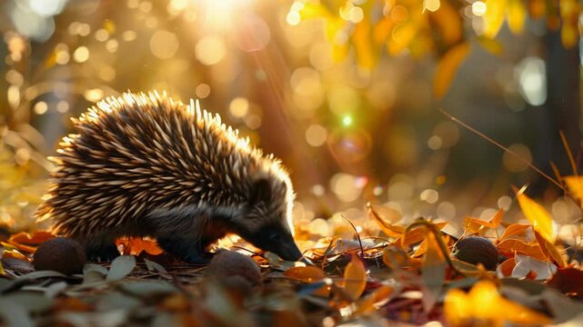 In an Australian forest, a curious echidna forages among vibrant fallen leaves, discovering food while enjoying the warm afternoon sun and serene surroundings.