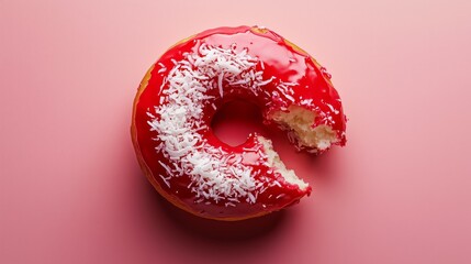 Delicious pink glazed donut with coconut shavings on a pastel background