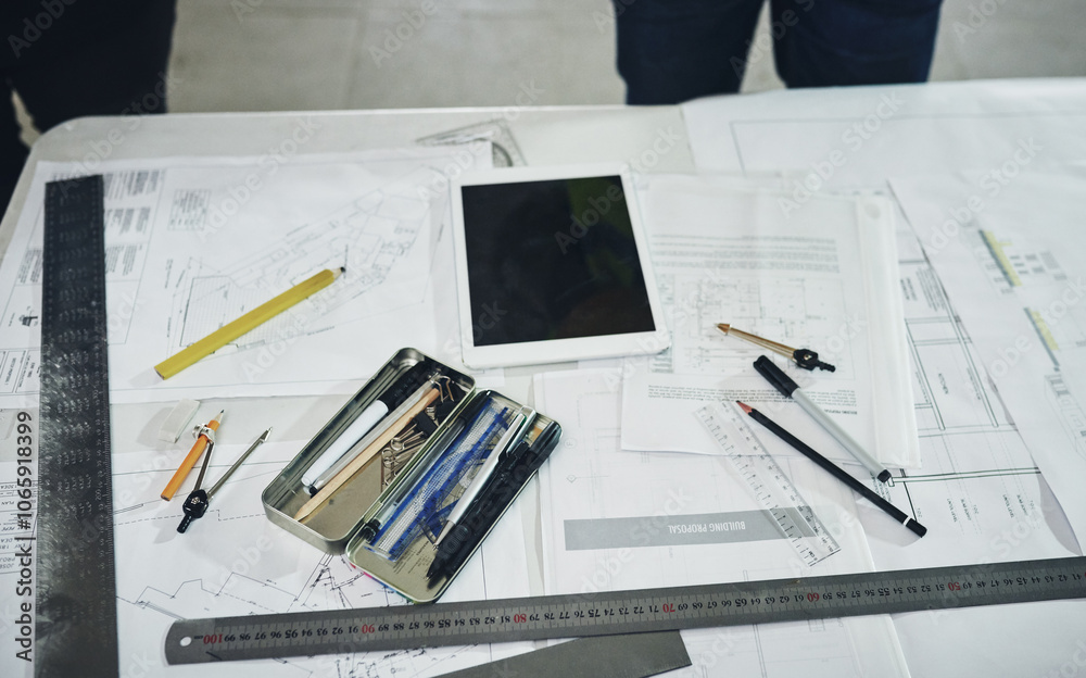 Poster blueprint, architecture and tools with tablet, tech and stationary for floor plan and industrial pro