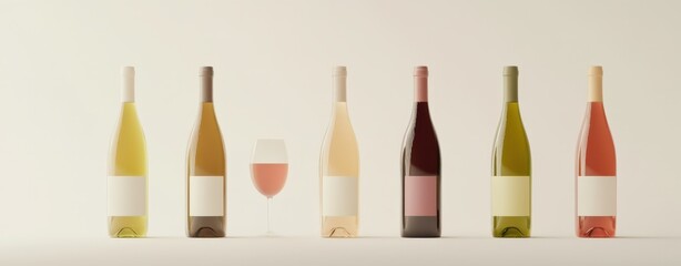 Assortment of wine bottles and glass on a minimalist background