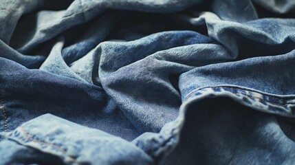 Fototapeta premium Close-Up of Wrinkled Blue Denim Fabric Texture for Background or Textile Concept