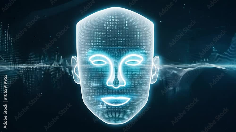 Poster digital human head constructed from binary code undergoes scanning by a device, with data streams fl