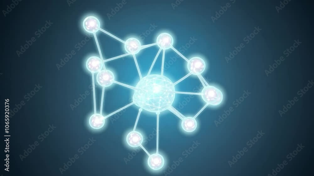 Poster abstract network features glowing nodes and connections, rotating gracefully against a blue backgrou