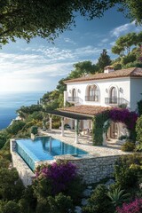 A large house with a pool and a garden. The house is on a hill overlooking the ocean