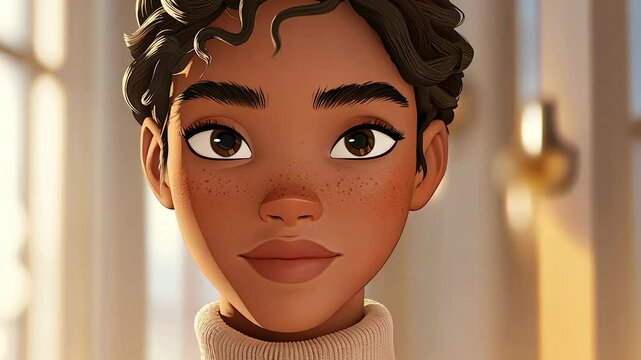 Stylized animated portrait features a young woman subtly raising her eyebrows, with warm light illuminating her face, creating an inviting and engaging atmosphere