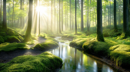 Obraz premium Sunrise in the pine forest. Sunrise in the forest. Beautiful summer landscape.