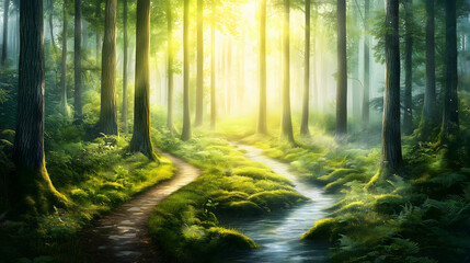 Obraz premium Beautiful fantasy landscape with a path in a dark forest at sunrise