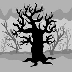 A dark, lifeless forest inhabited by a vampire or trees dying from poor ecology. The theme of nature protection, a scary location for a horror movie