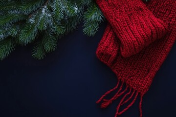 Fototapeta premium Red knitted scarf placed next to snowy evergreen branches on a dark background, evoking a cozy winter or holiday atmosphere