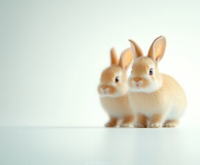 Obraz premium Two adorable bunnies sitting together on a light background