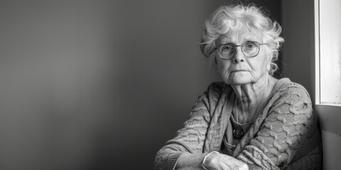 An elderly woman in glasses, possibly contemplating life or facing loneliness, set against a neutral backdrop with interior lighting.