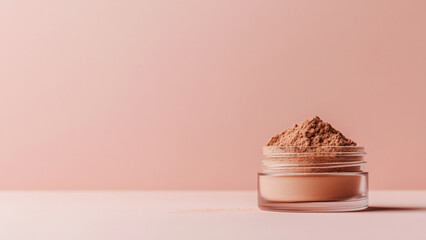 minimalist beauty concept with loose face powder in elegant container on pastel background, banner with copy space. makeup tools, skincare