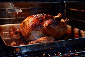 Naklejka premium A delicious roasted chicken, ready to be served. The aroma and warmth from the oven make it a mouth-watering centerpiece for your next dinner.