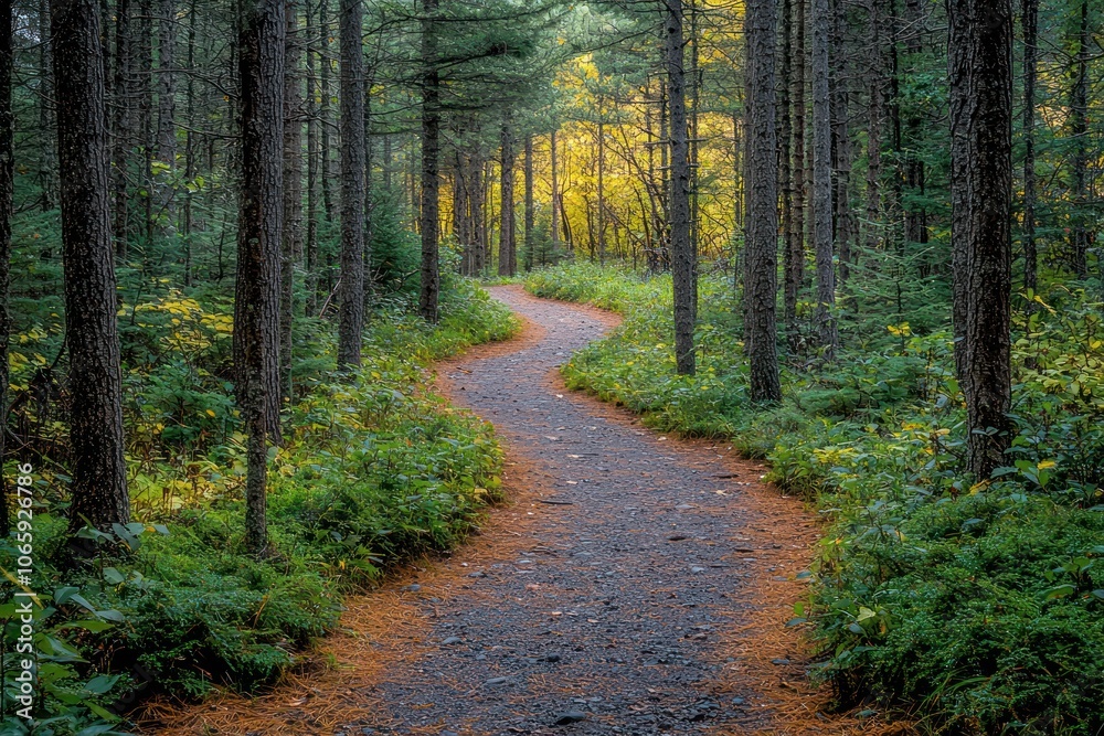 Poster winding path through a forest of tall trees and lush undergrowth