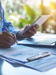 Obraz premium An image of a doctor or nurse working in an office setting with modern technology and healthcare documents. The workspace includes professional tools such as pen and glasses for reading.