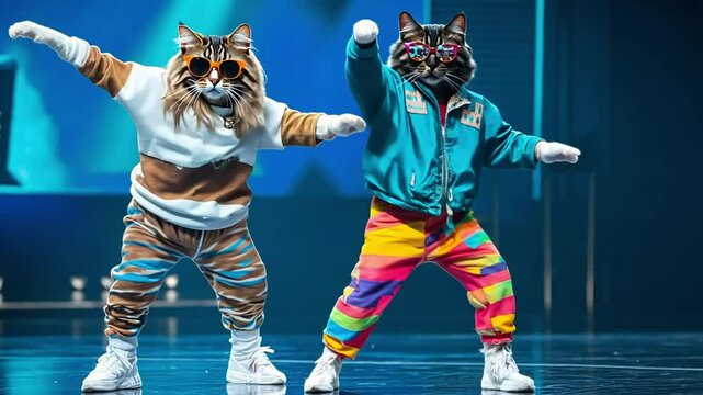 Two cats dressed in colorful street wear and sunglasses are posing for the camera.