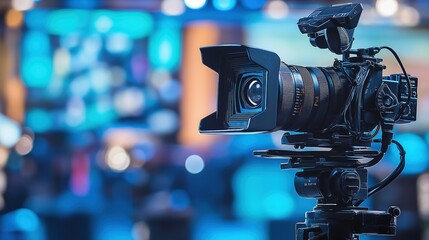 Professional Video Camera Set Up in a Busy TV Studio with Blurred Background Lights