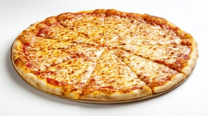 A large cheese pizza with a golden crust, sliced into equal pieces on a round tray.