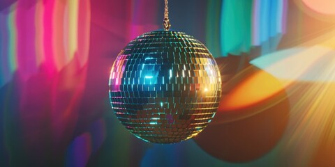 Fototapeta premium Vibrant disco ball with rainbow lights, creating a festive atmosphere for parties and events.