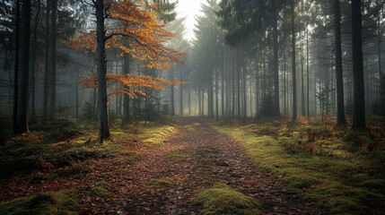 Obraz premium A serene forest path lined with autumn leaves in the early morning light