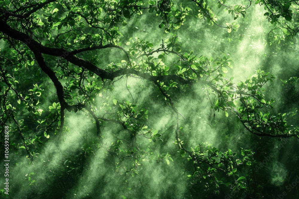Poster sunlight filtering through misty green foliage
