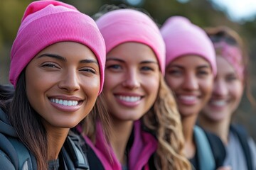 Group of smiling hikers wearing pink beanies promoting breast cancer awareness